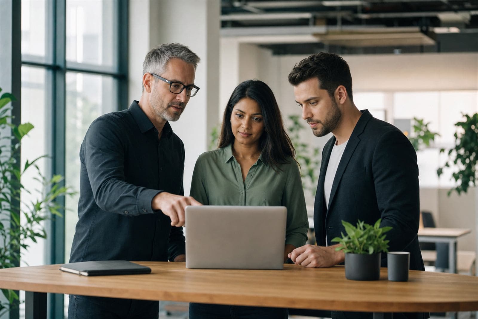 Team collaborating on a laptop in a modern office