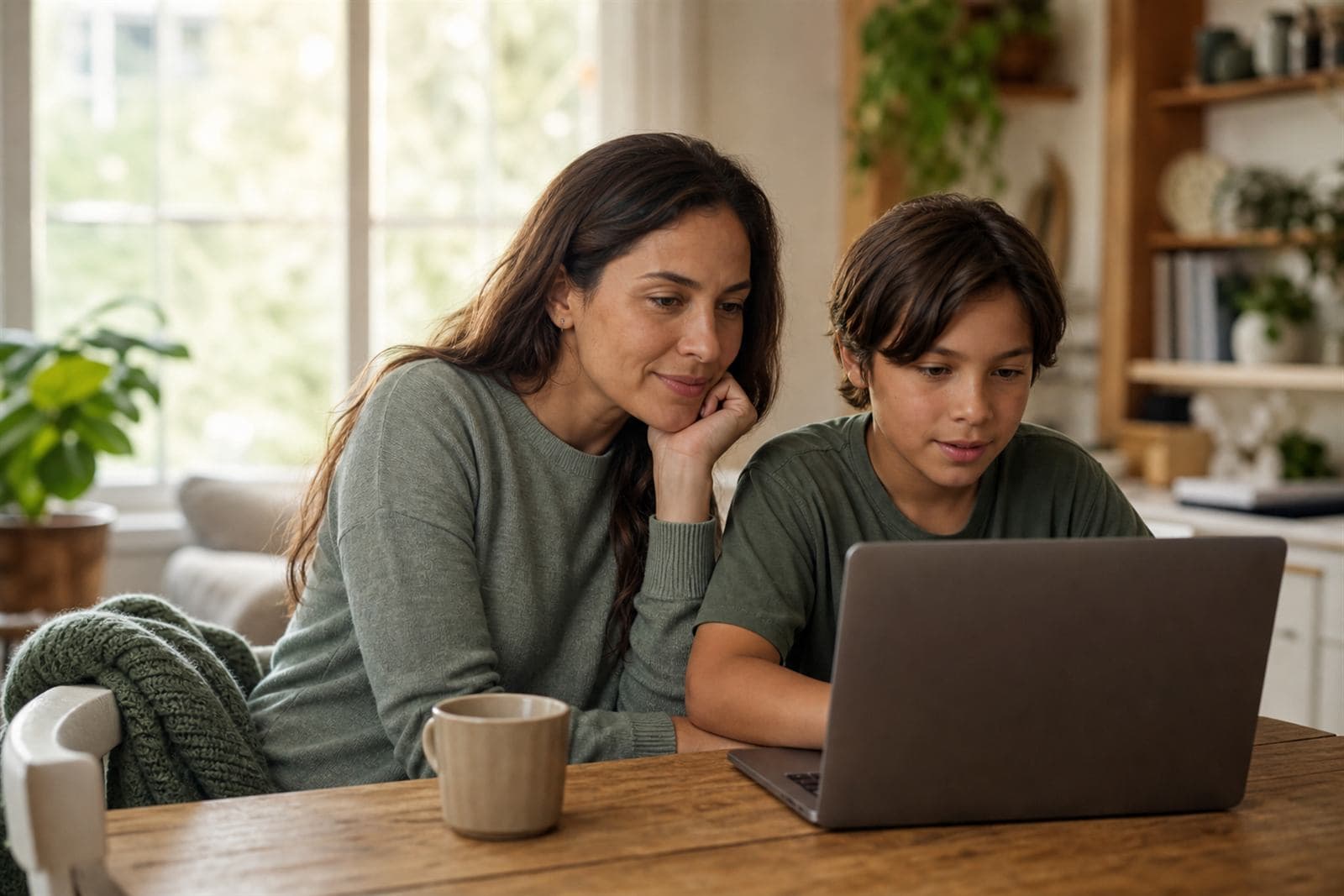 Parent and child using a laptop together at home